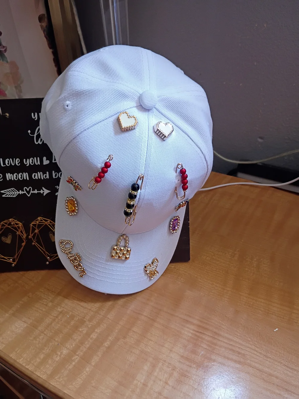 Embellished White Baseball Cap with Gem & Charm Accents